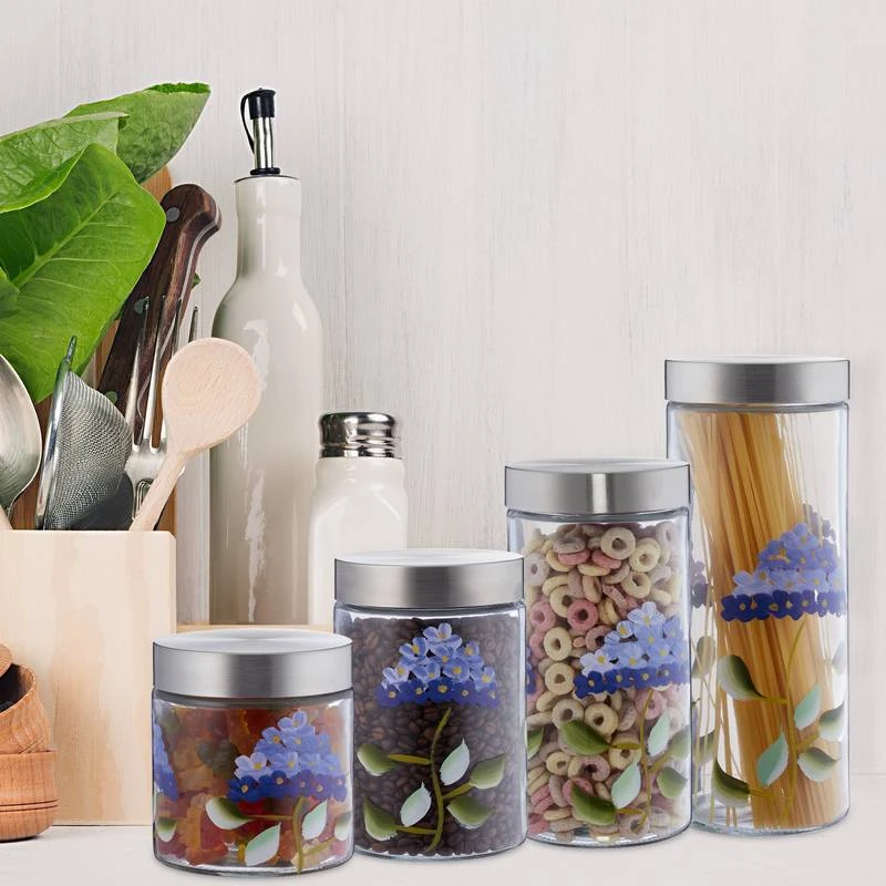 Bocaux En Verre Lot De 4 Motif Floral 4 Bocaux En Verre Lot De 4 Motif Floral – Image 2