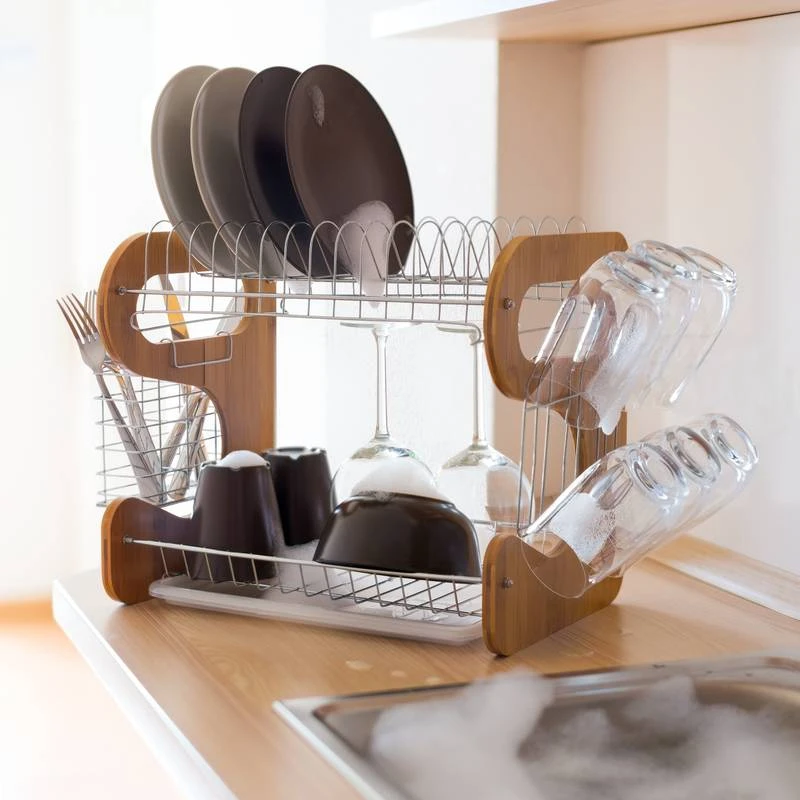 Égouttoir à Vaisselle 2 étages En Bambou 4 Égouttoir à Vaisselle 2 étages En Bambou – Image 2
